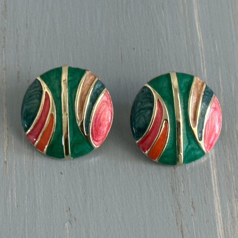 Super Awesome Vintage Pierced Earrings Green Pink Blue Tan Enamel